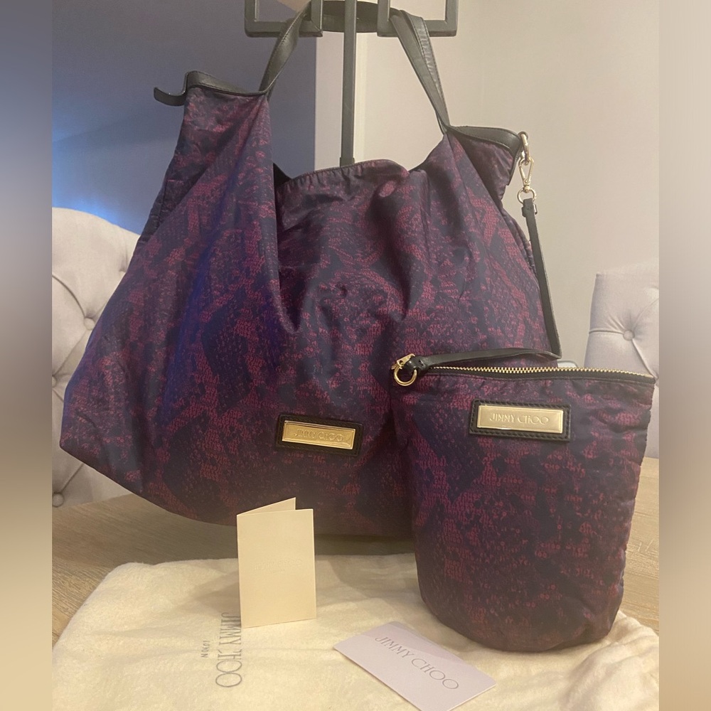 Jimmy Choo Tote Bag Wristlet and dust bag leather Authentic Luxury Nylon